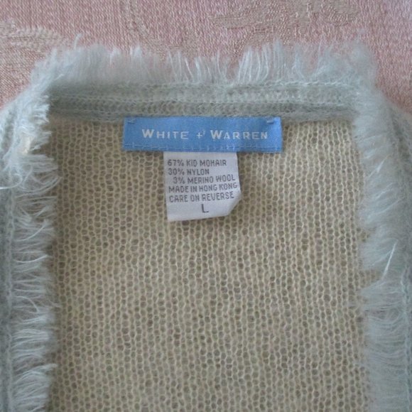 WHITE + WARREN Light Green Mohair Blend Sweater Frayed Details Large - Picture 8 of 8
